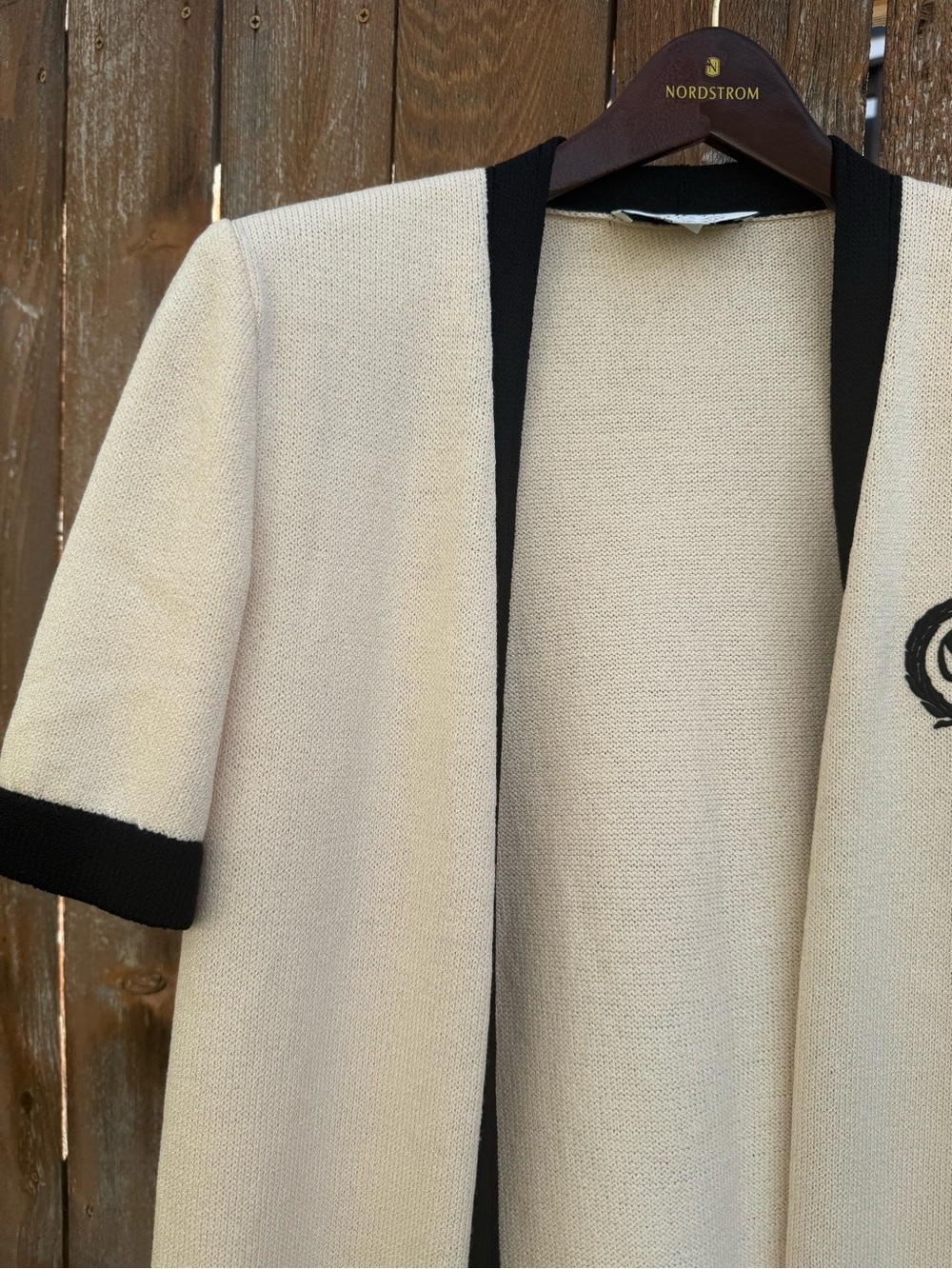 St. John Cream Beige Black Trim Open Front Short Sleeve Cardigan Jacket Medium - Picture 7 of 15